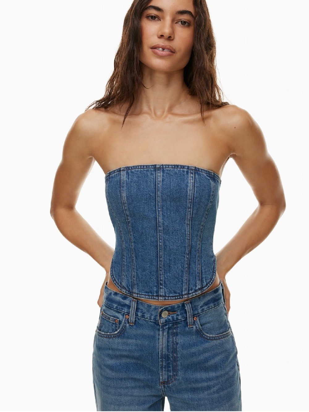 Aritzia Denim Forum Blue The 90’s Debbie Denim Strapless Bustier Corset Top L